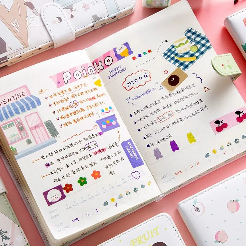 Fruit print notebook planner with magnetic buckle, PU cover, A6 size, eight colour variants including lemon and strawberry
