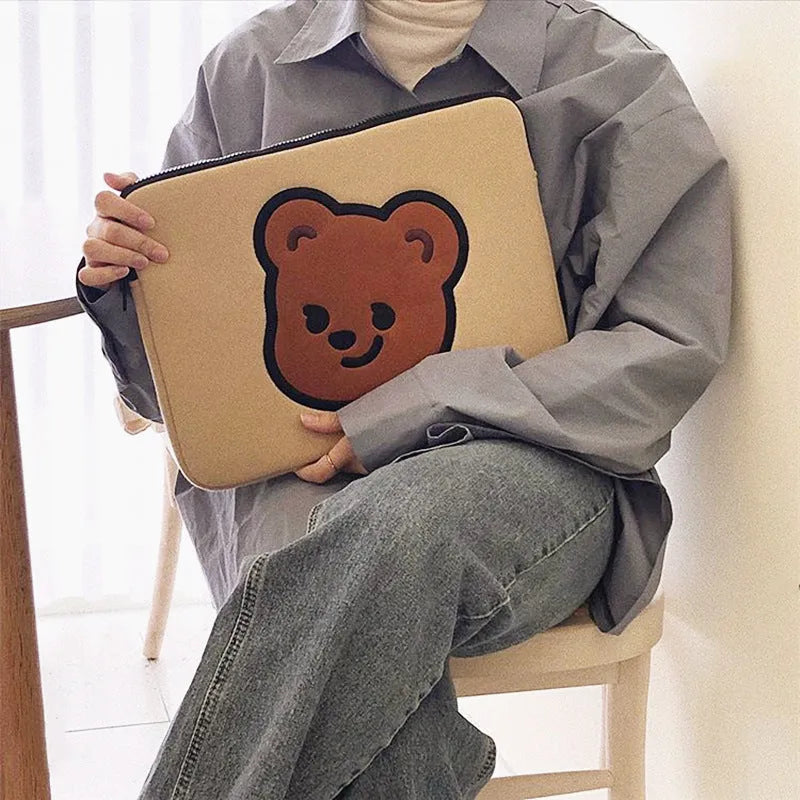 Cotton cartoon animal laptop sleeve bag with zipper closure for 11 13 15 inch devices, featuring a liner and computer pocket