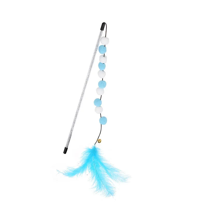 31cm long cat teaser stick with acrylic pompon and feather attachments in contrasting colours