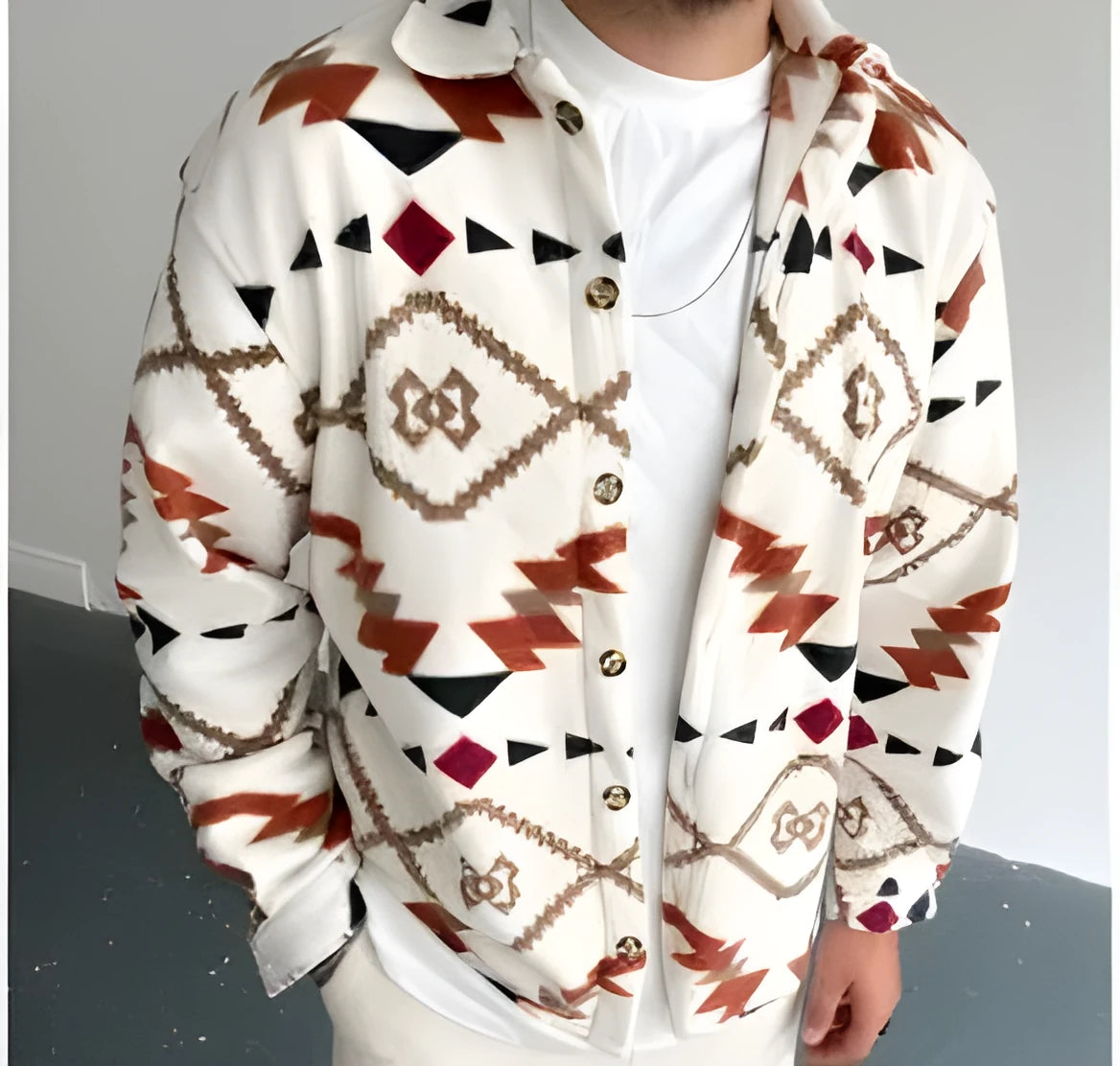 Men's white retro ethnic print casual shirt jacket with long sleeves and lapel collar on a hanger