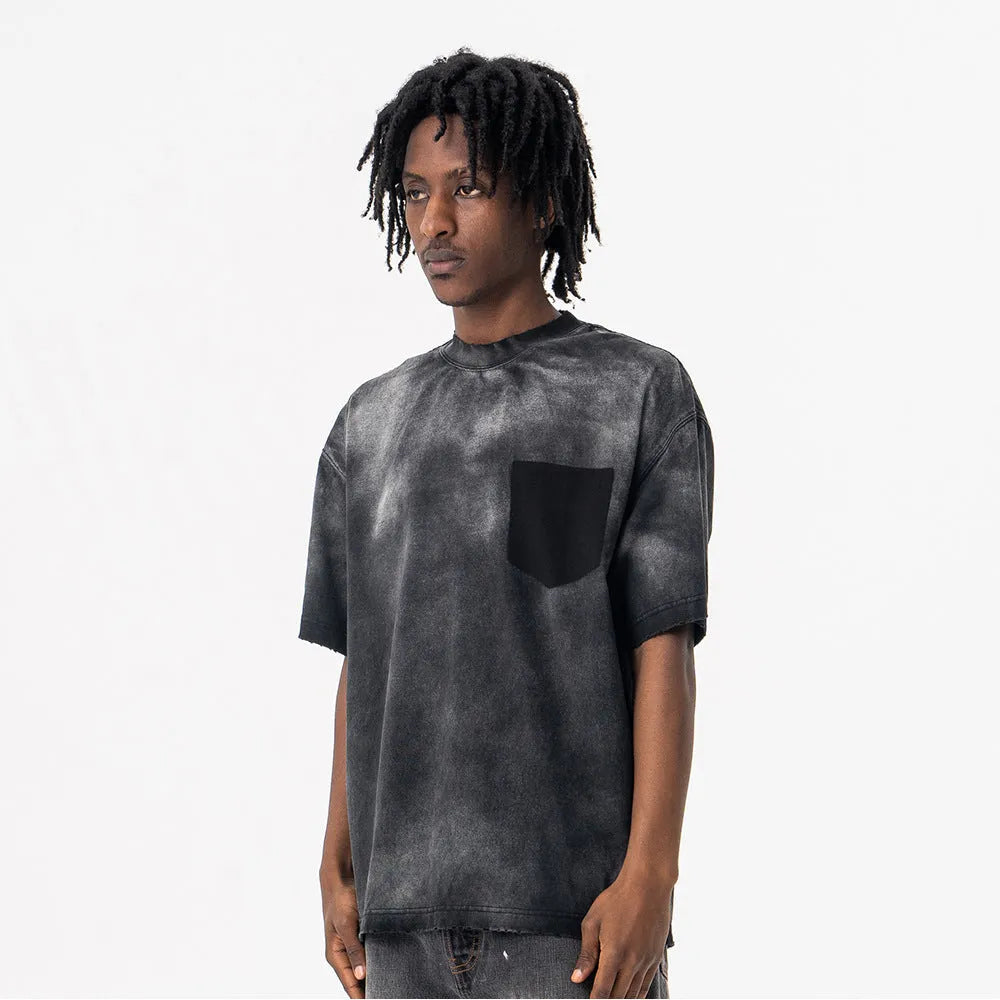 Black men's loose fit cotton t-shirt with printed letter pattern and drop shoulder sleeves
