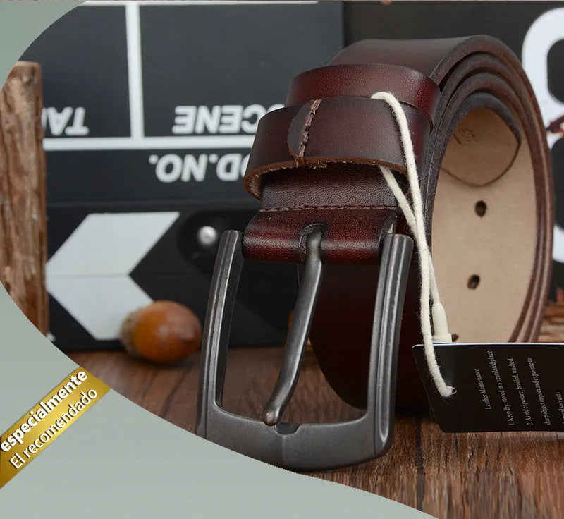 Men's two-layer cowhide leather belt with square alloy pin buckle in black finish