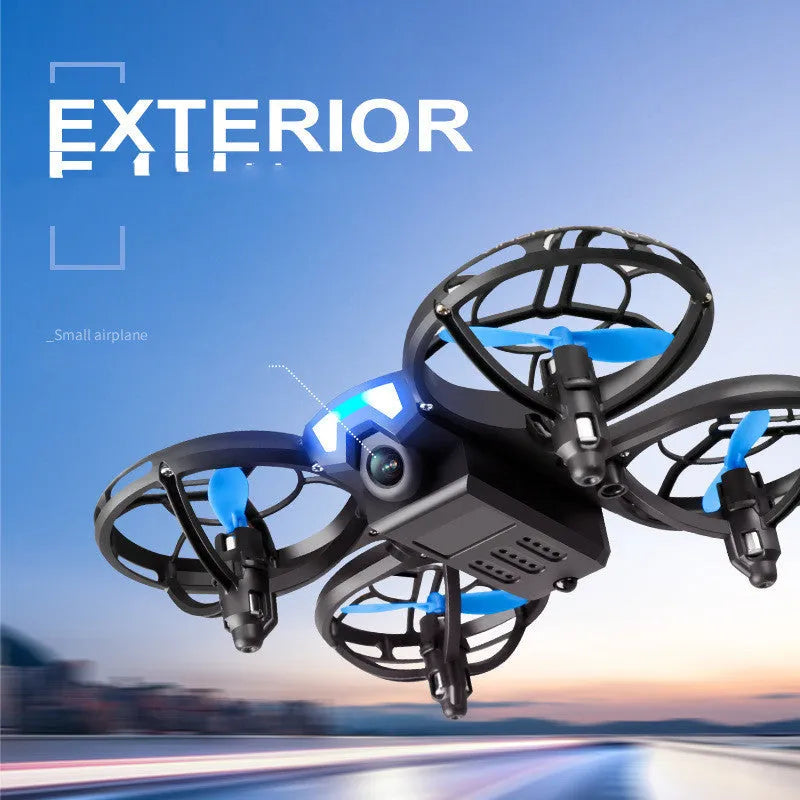 Blue mini RC quadcopter drone with propellers on a black background, showing remote control.