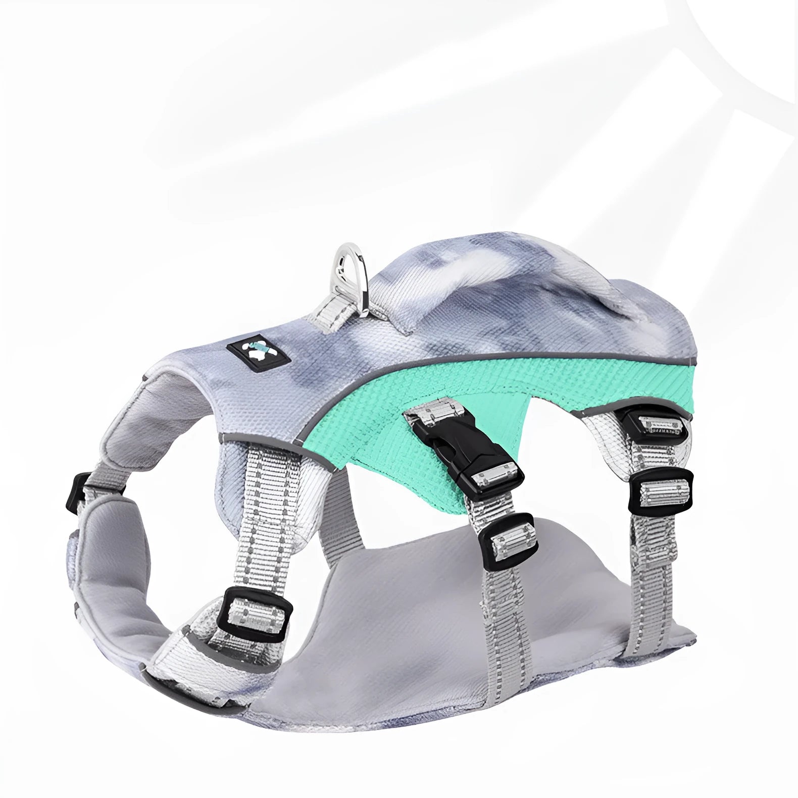 Light blue reflective dog cooling chest strap shown on a dog, with adjustable straps and size label.