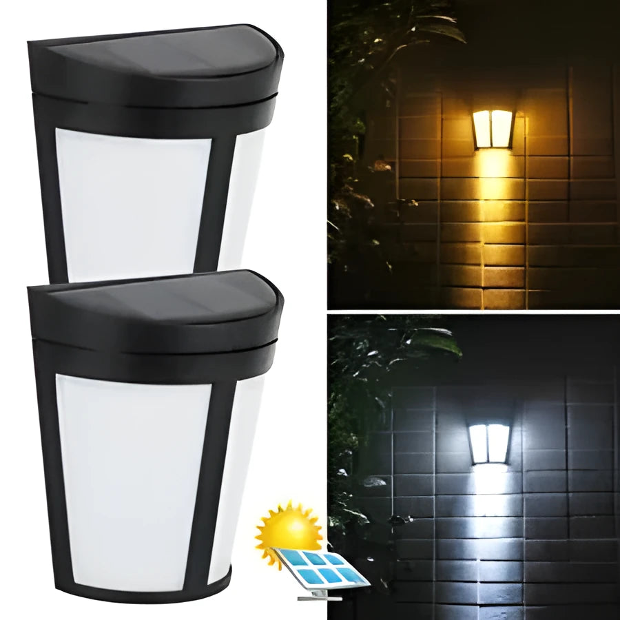 Solar-powered outdoor wall lamp with 6 LEDs and IP65 waterproof rating for garden lighting