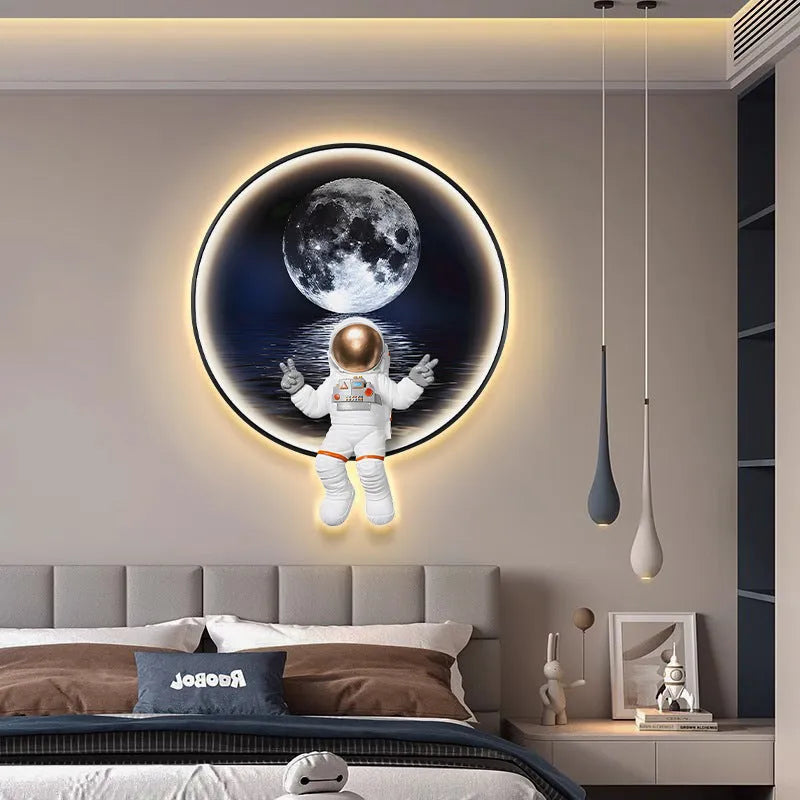 Spaceman astronaut themed children's wall painting with optional USB LED lights on canvas with MDF backing