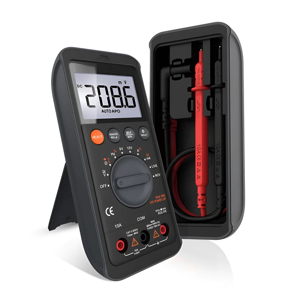 High precision digital multimeter with LCD display, black casing, 153 x 70 x 53 mm, battery powered.