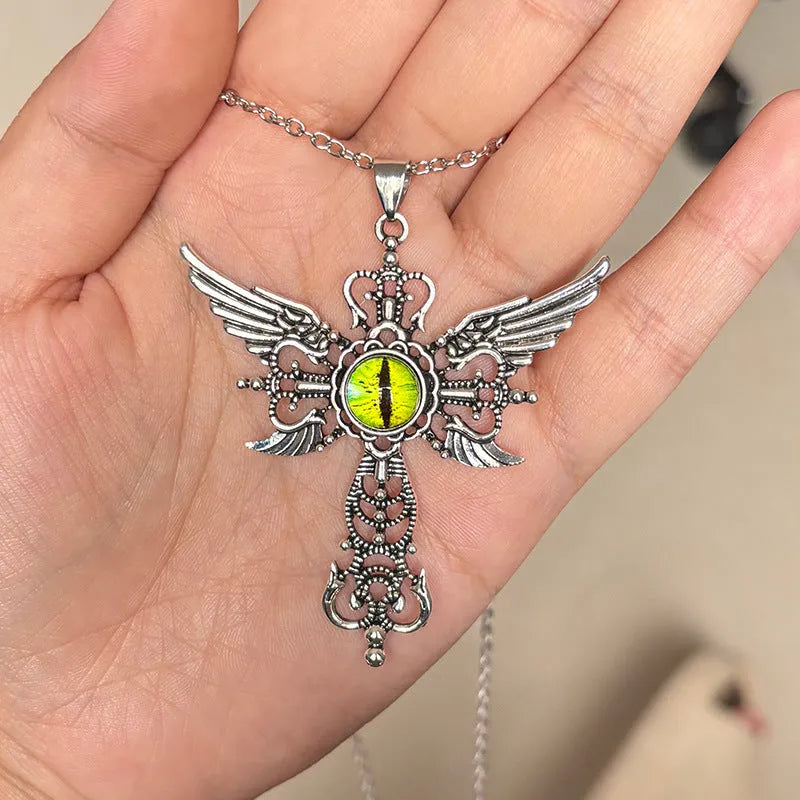 Geometric devil wings and cross pendant necklace in alloy, shown in a choice of blue, green, purple, red, or yellow colour finishes.