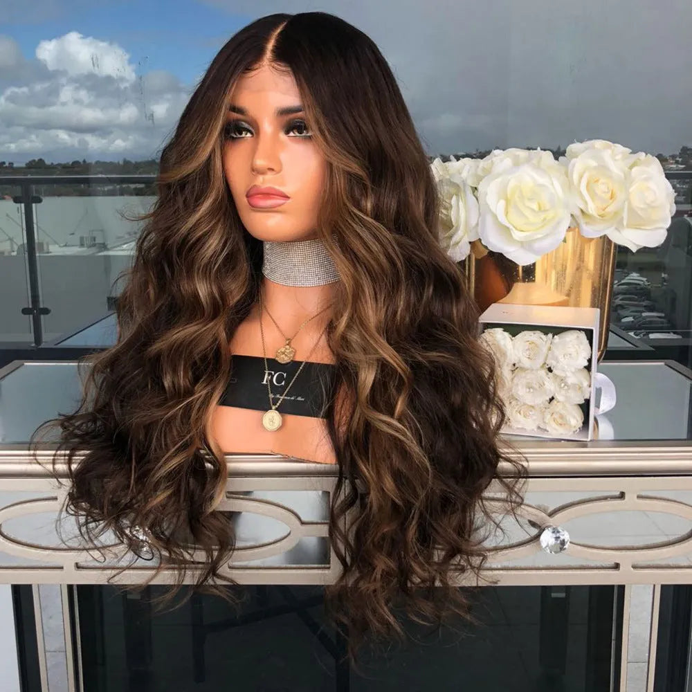 Long brown wig with high temperature wire hairline for natural look