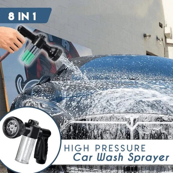 High pressure foam spray gun with eight spray patterns in green, yellow or black with water pipe