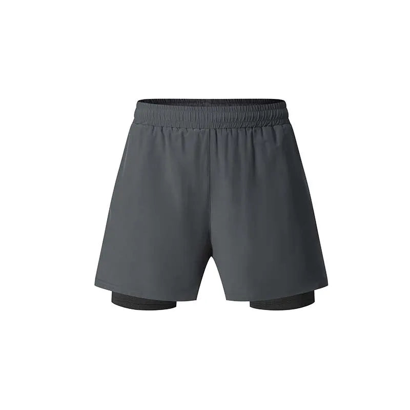 Men's black double-layer sports shorts with built-in liner for running and fitness activities
