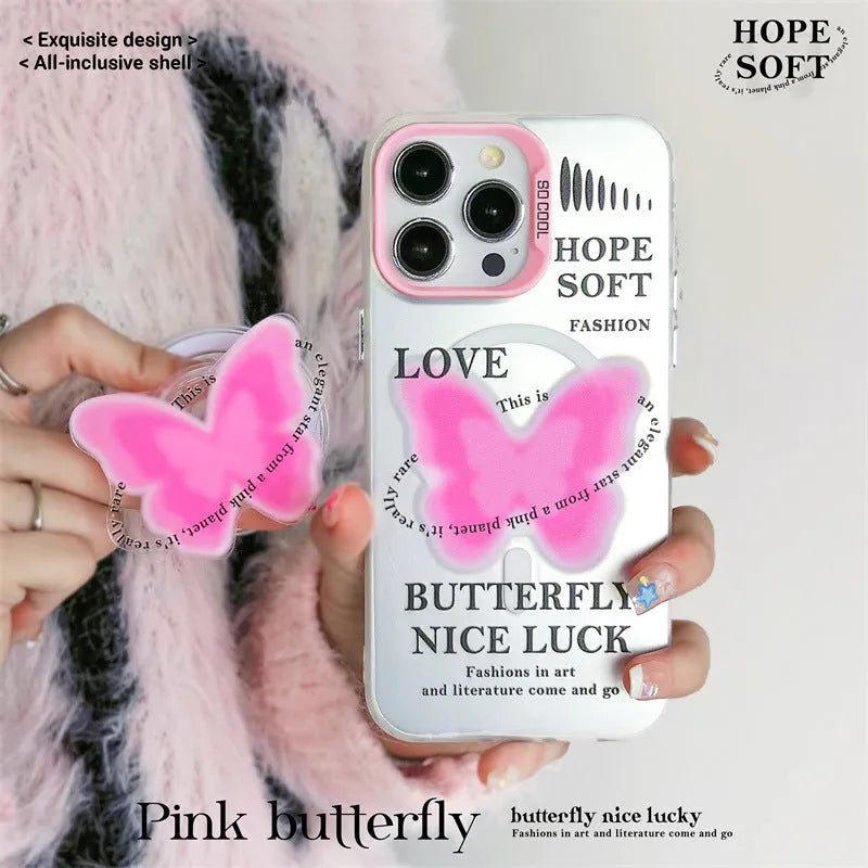 White TPU phone case with magnetic bracket and printed frosted laser design for Apple iPhone