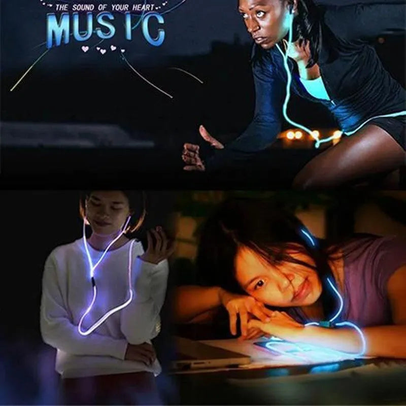 Blue Magic Light LED earphones with glowing cable connected to a phone showing rhythm-sync light effects.
