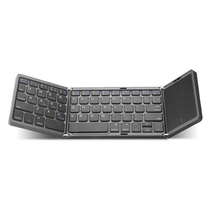 Three-folding wireless Bluetooth keyboard with touch pad in black on white background