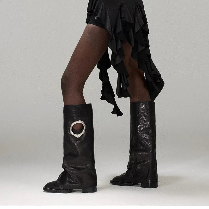 Women's black or apricot mid heel knee-high boots with square toe and rubber sole, sizes 35-40