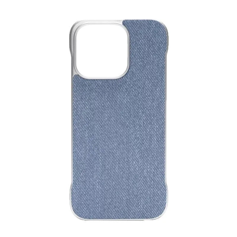 Imitation leather phone case with embossed hemp pattern, no border design, fits iPhone 14 to 16 Pro Max, available in multiple colours.