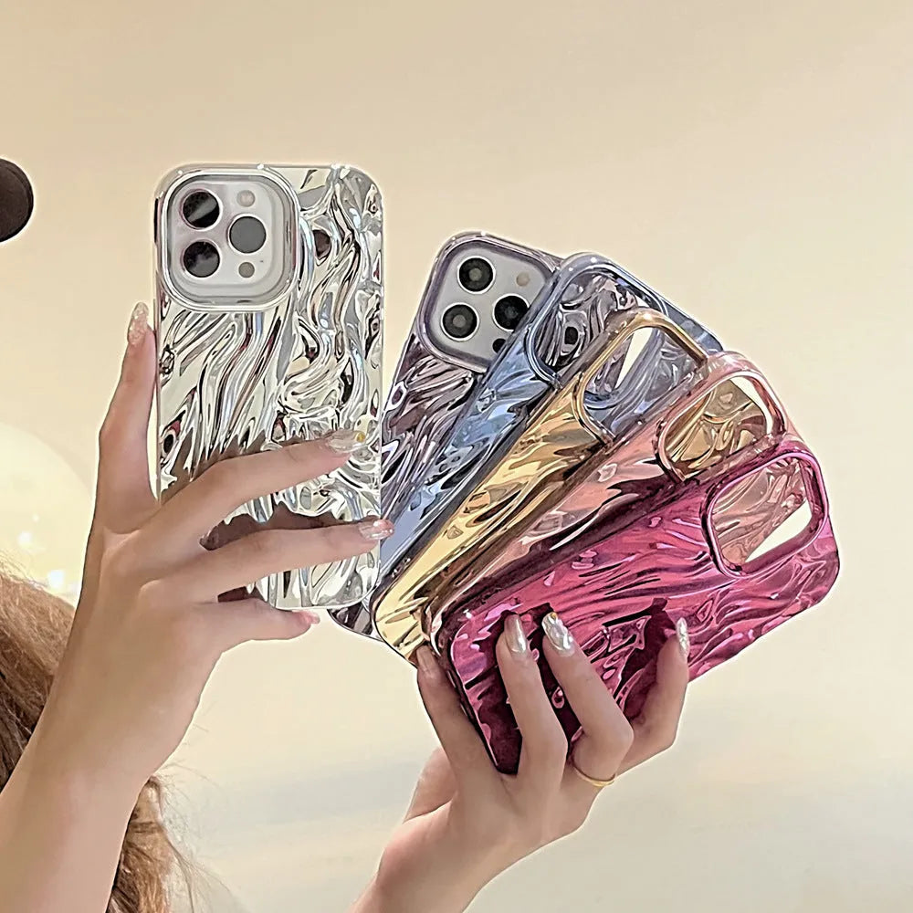 Three-dimensional pleated TPU phone case for Apple iPhone with electroplating finish in pink colour