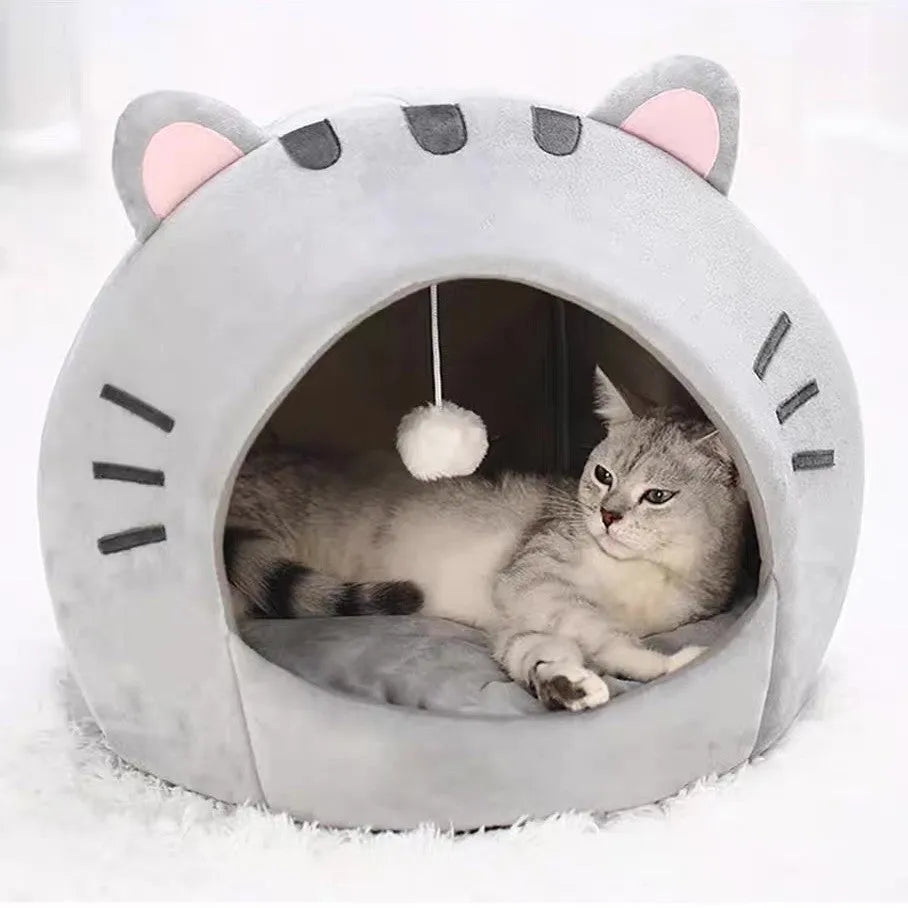 Gray polyester cat nest closed shelter winter warm bed available in sizes S, M, L