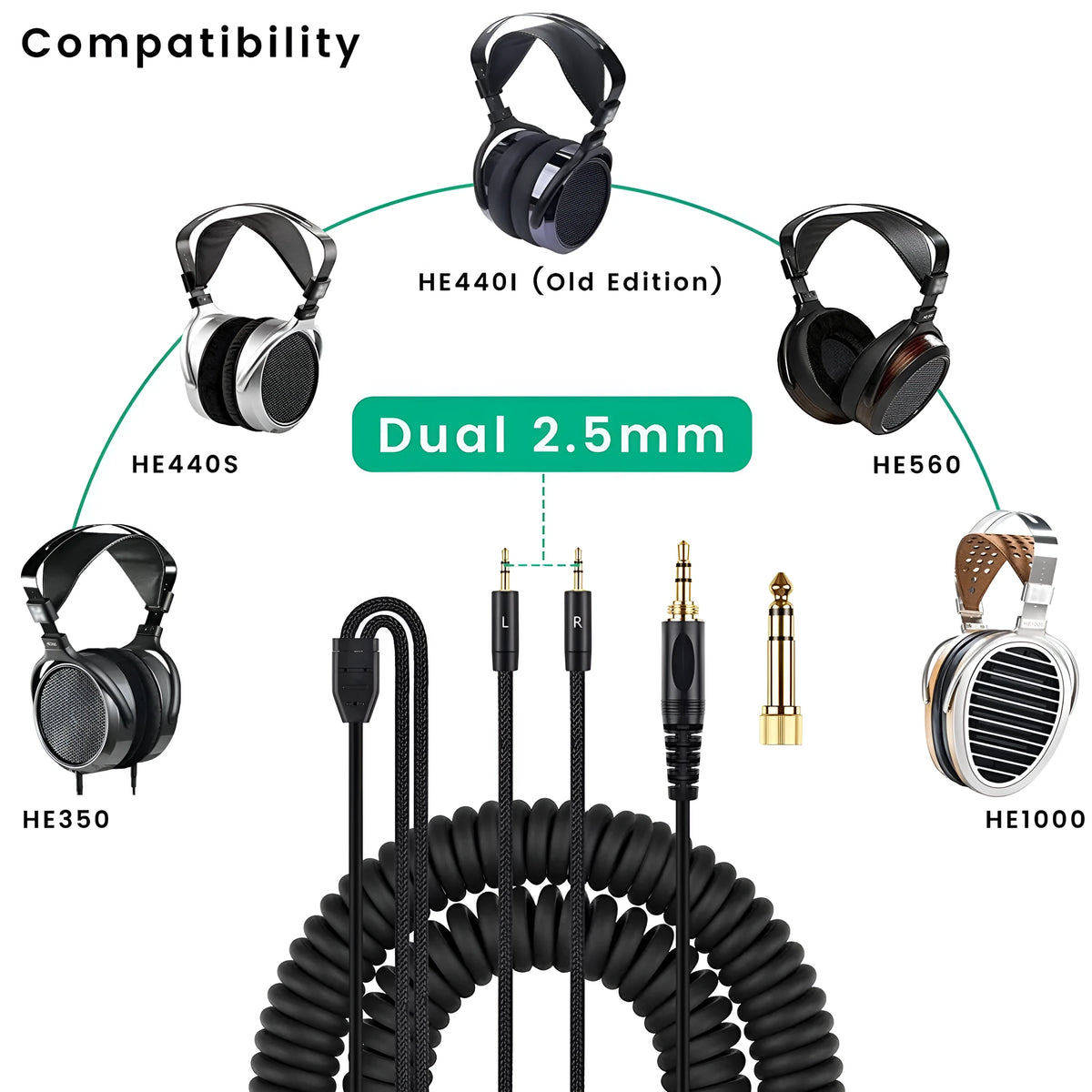 Black 1.8m headphone cable with double 25mm plug for HE400i He560 headphones
