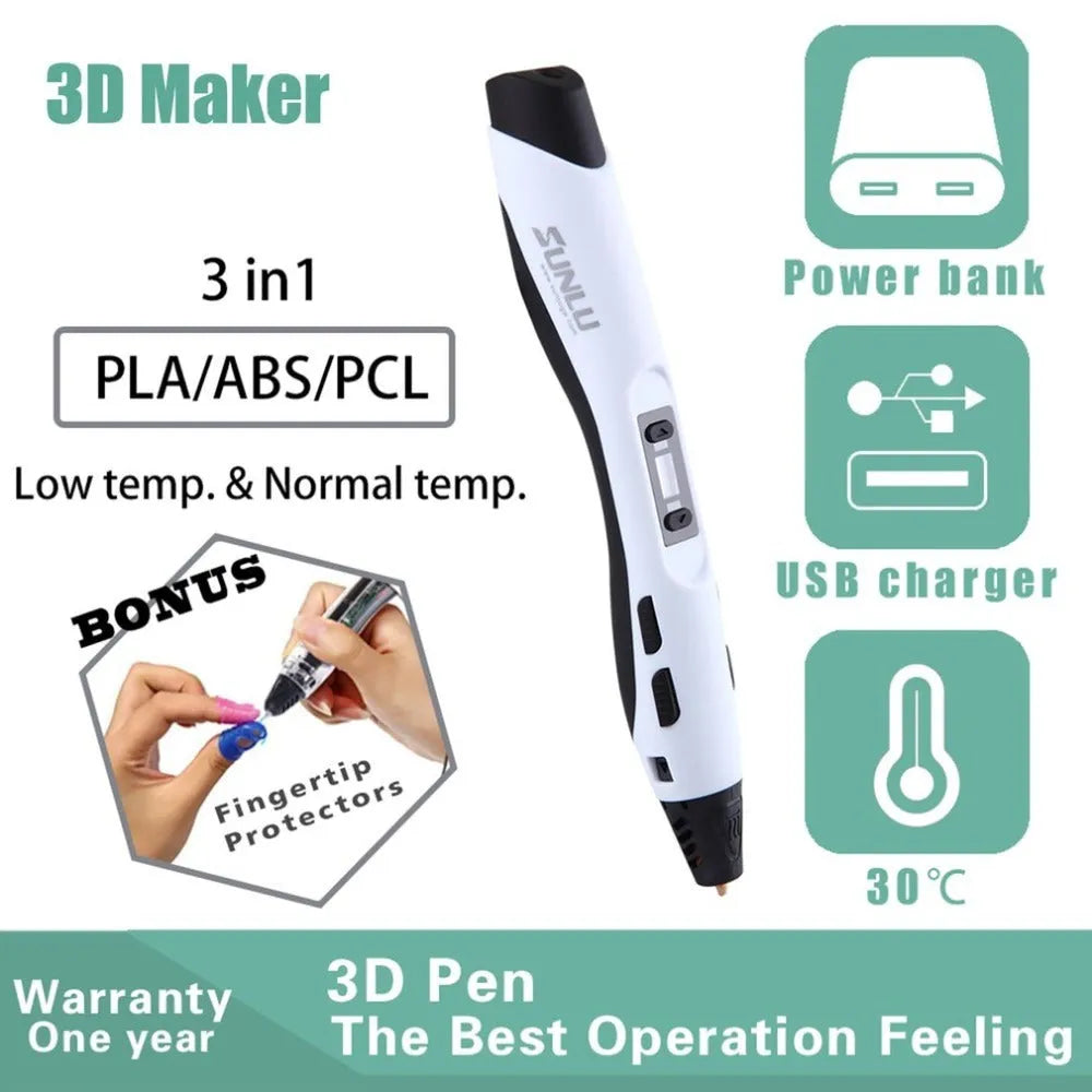3D painting graffiti pen in black plastic, 180mm long, on a flat surface with coloured filament