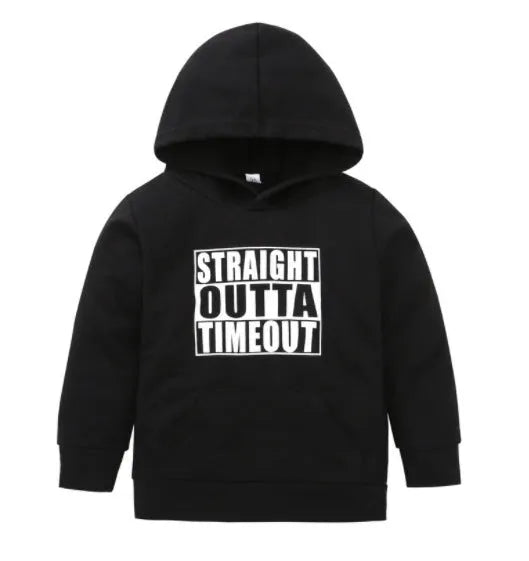 Boys' black hooded sweater with white letter print, long sleeve pullover design in 100% cotton
