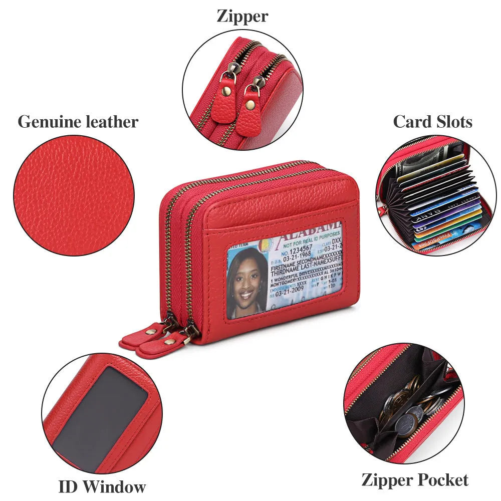 Cowhide double layer zipper expanding card holder in black with anti-theft credit card protection and gift box