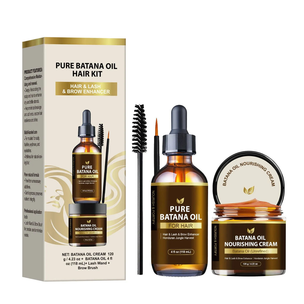 Batana oil hair care set with cream, eyelash curler, and eyebrow brush for women men