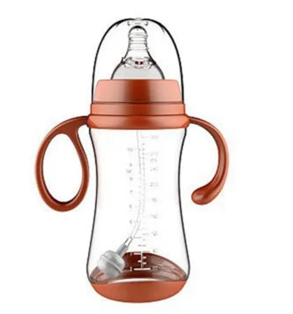 Baby feeding bottle made of BPA-free PP plastic with double handles, wide calibre, in pink or blue