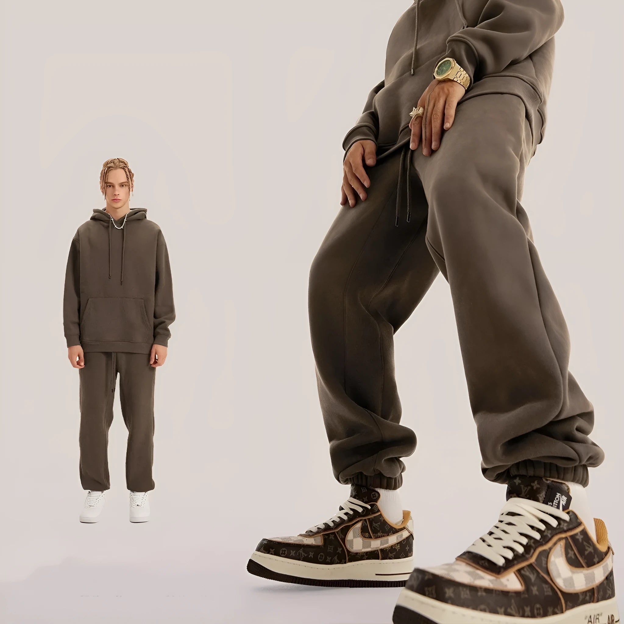 Men's solid colour cotton velvet sweatpants with ankle banded design and mid waist