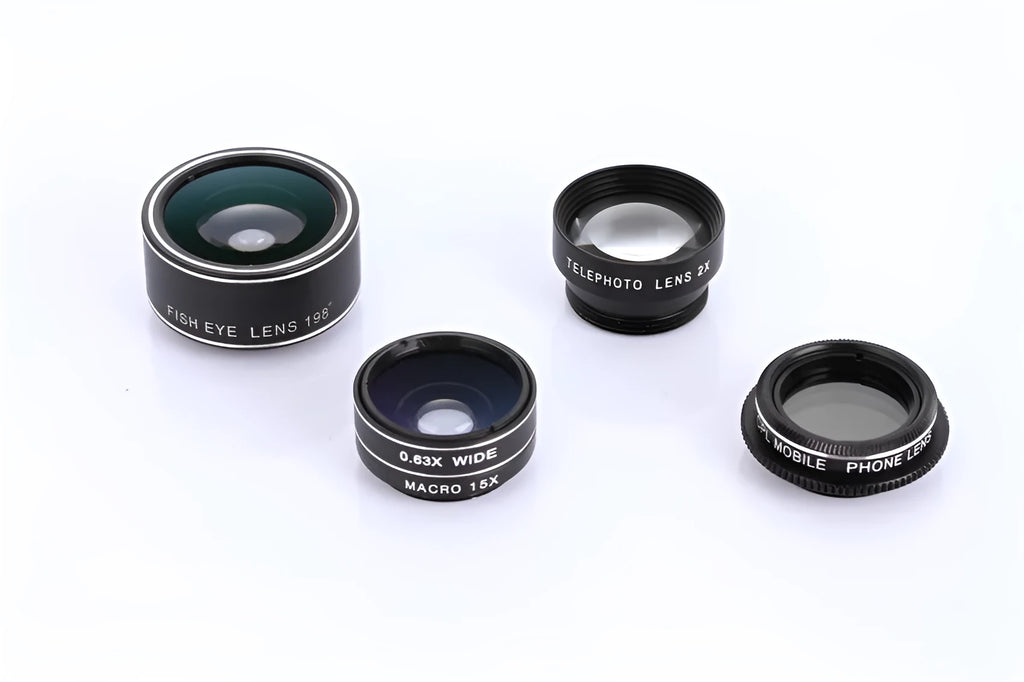 Five-in-one mobile phone lens kit with fisheye wide angle macro telephoto and CPL lenses on a black background