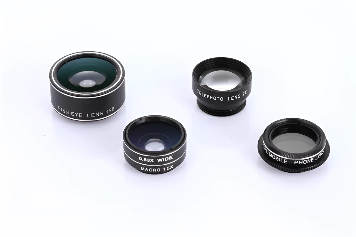Five-in-one mobile phone lens kit with fisheye wide angle macro telephoto and CPL lenses on a black background