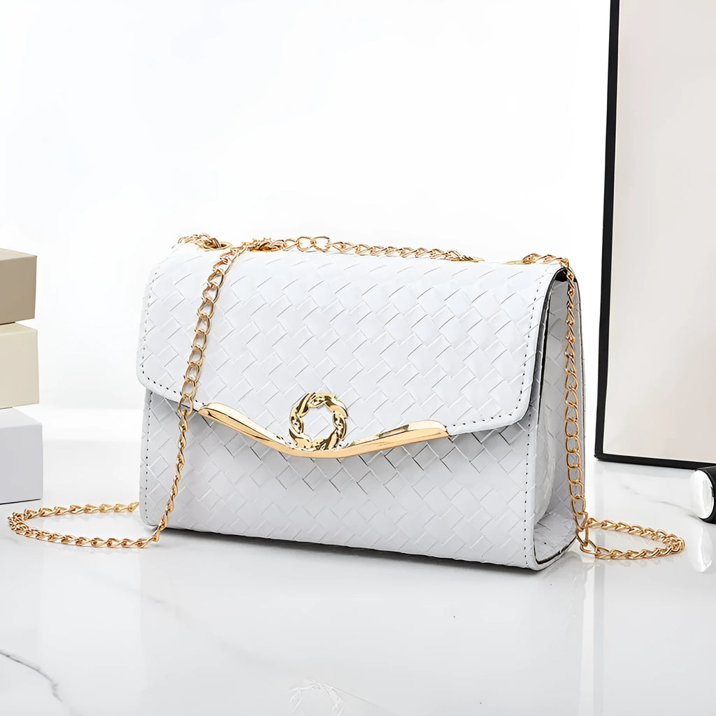 Chain shoulder messenger women's bag in solid colour PU leather with weave detail, small black variant