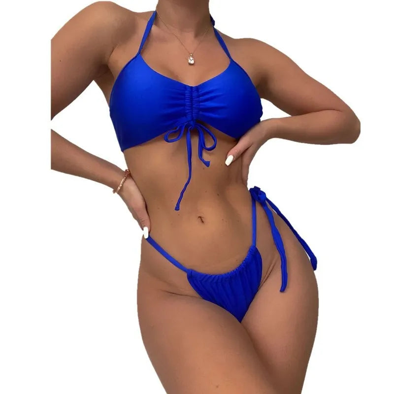 Blue women's polyester neck-hanging two-piece bikini set with shorts