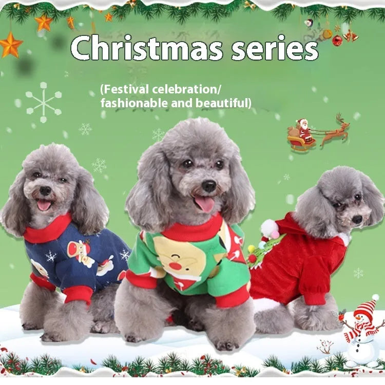 Assortment of pet costume clothes suits for cats and dogs including Christmas and character themes.