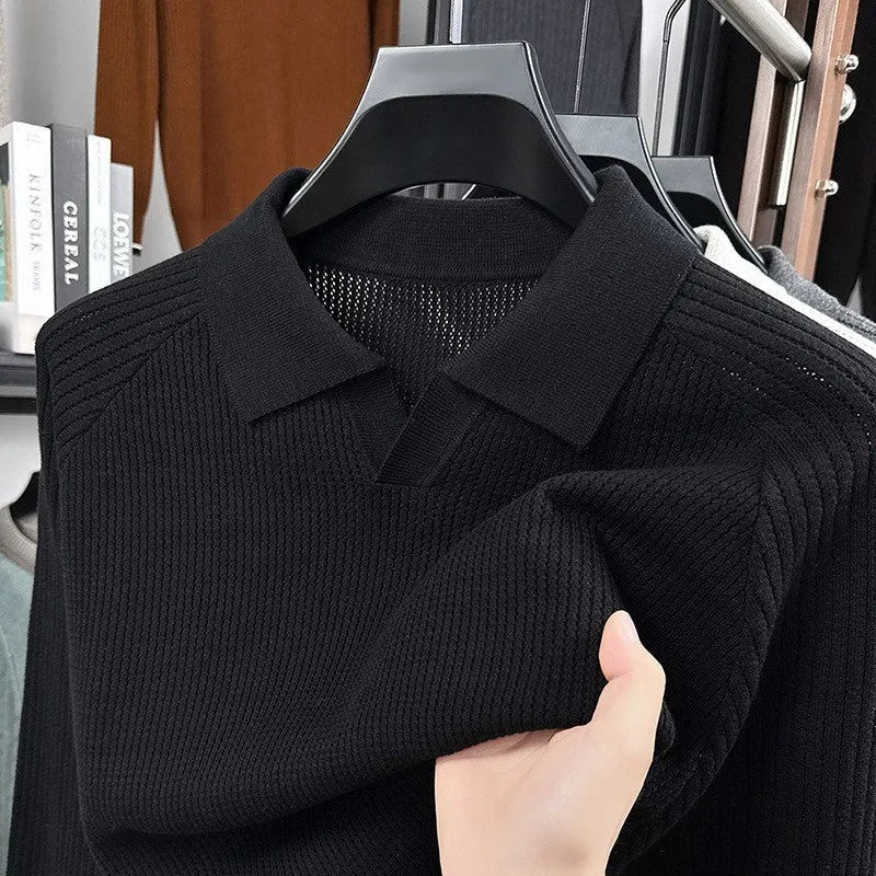 Men's spring autumn cotton scissors collar pullover shirt in black, loose fit, casual style