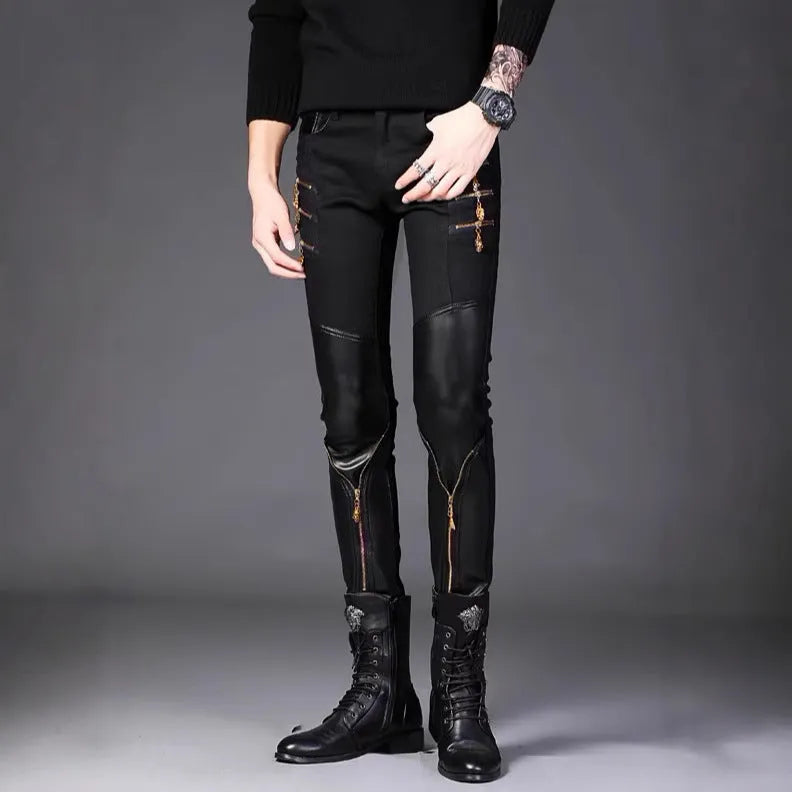 Slim-fit black synthetic leather straight-leg trousers with mid-waist and button fly for youth