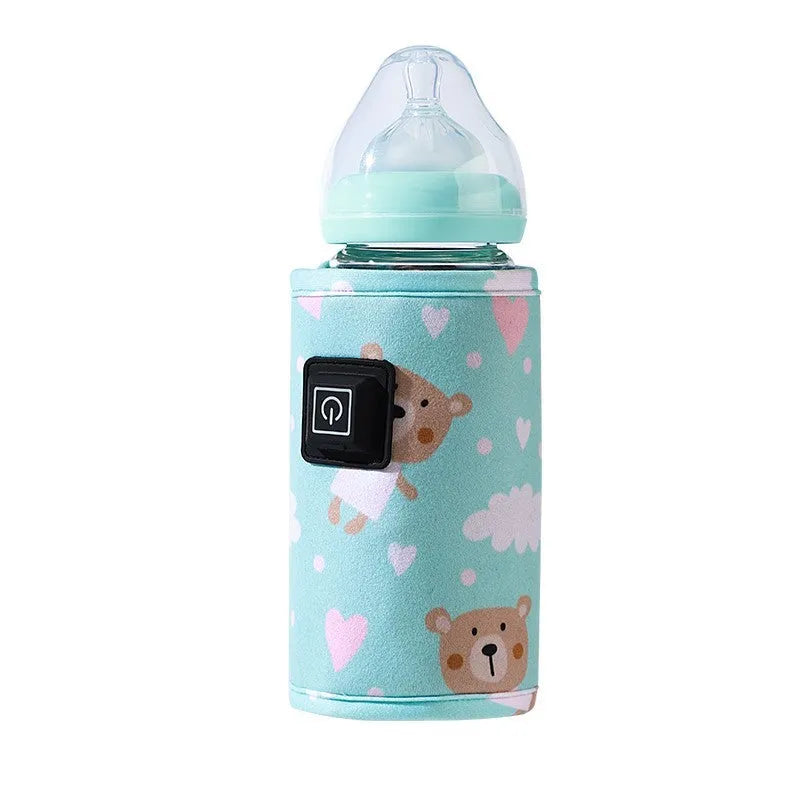 Blue dinosaur design USB baby bottle insulation cover with thermostatic heating.