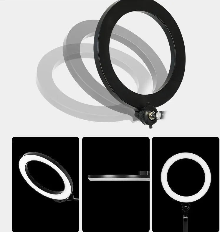 Black floor-standing mobile phone tablet stand with fill light and folding rotation mechanism