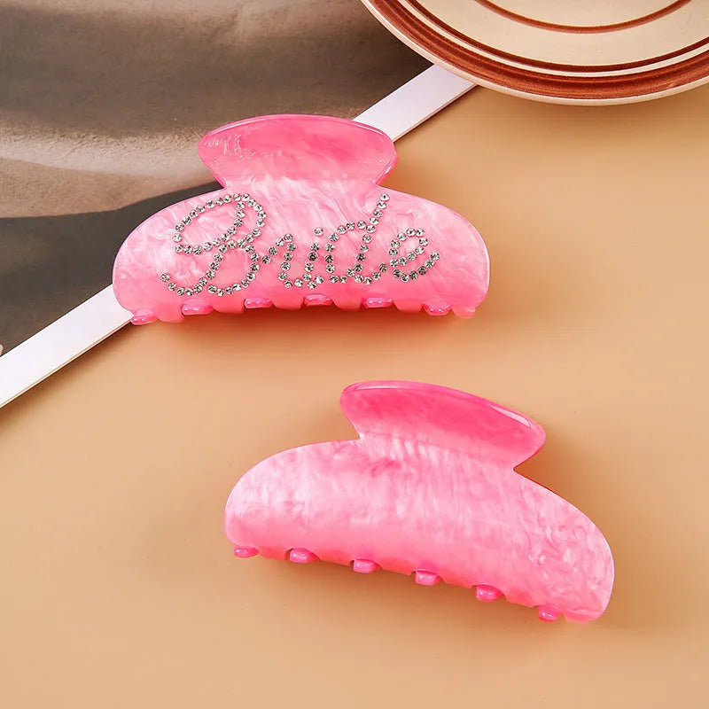 10cm pink acrylic hair barrette with shark clip back and multi-diamond spot drill pattern