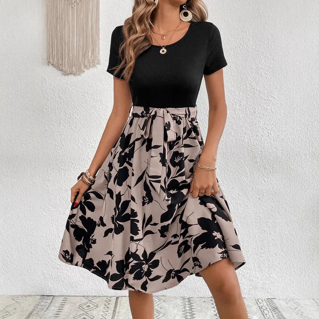 Women's khaki A-line dress with lace-up shoulder straps and plant pattern design
