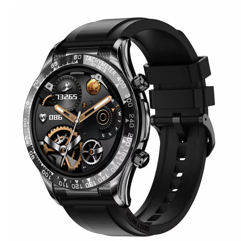 Men's black Bluetooth smart watch with silicone strap showing health stats on its IPS screen.