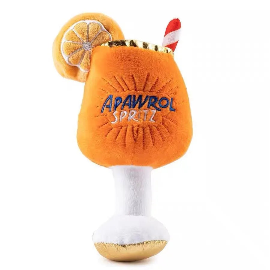 Yellow beer bottle design plush squeaky dog chew toy with teeth-cleaning feature