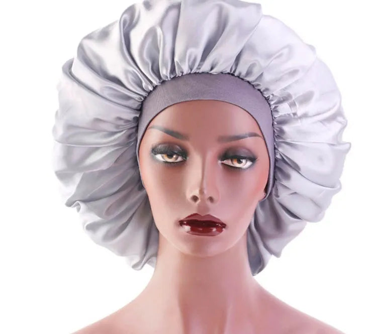 Beauty print satin silk bonnet sleep night cap with polyester spandex in black pattern
