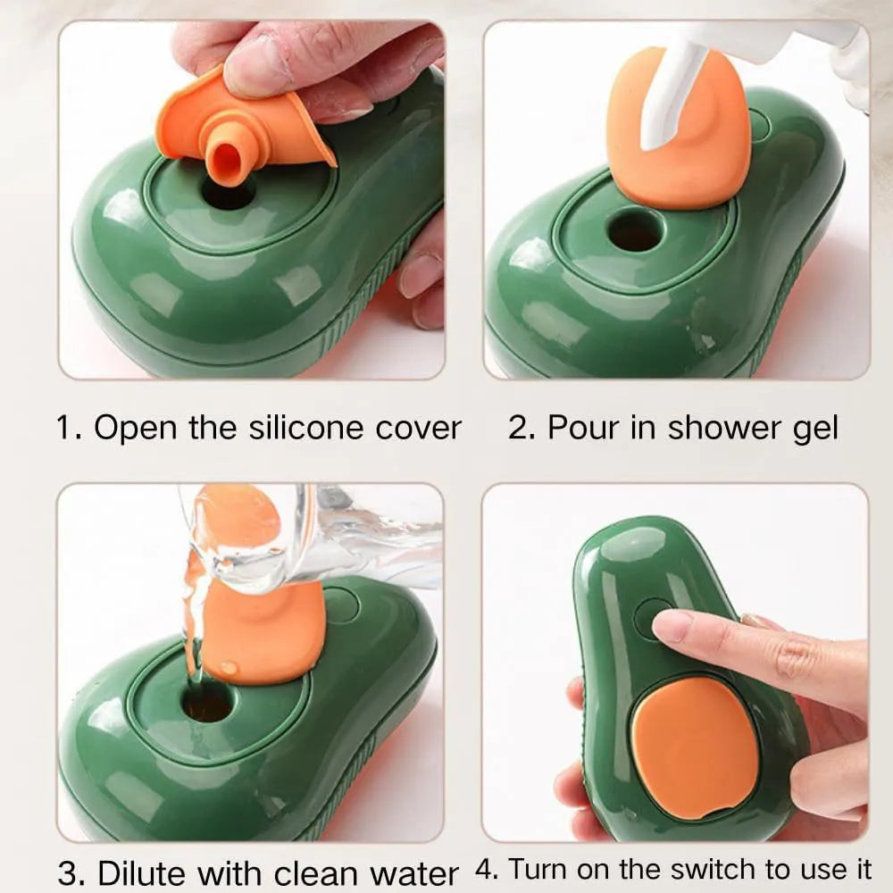 Green and white rechargeable cat steam brush with silicone teeth and water spray button.