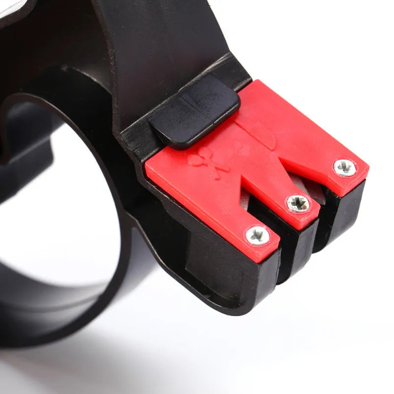 Handheld 2-in-1 black knife and scissor sharpener with tungsten steel blade on white background