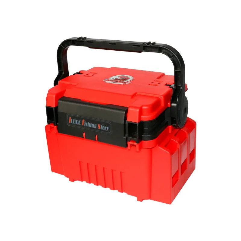 Portable double-layer ABS bait box with seat lid in blue, showing storage compartments