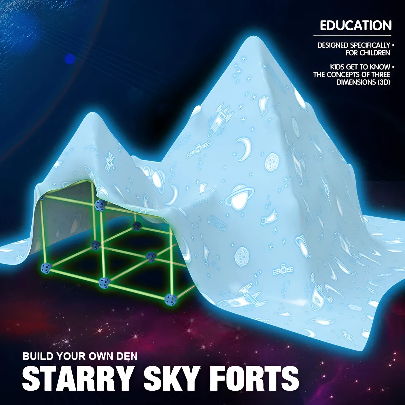 Luminous plastic fort building kit for kids with connecting sticks, balls, and storage bag.