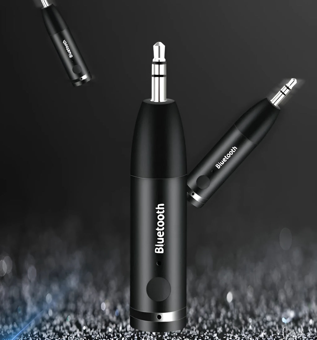 Black Bluetooth audio receiver for car stereo AUX input with USB cable