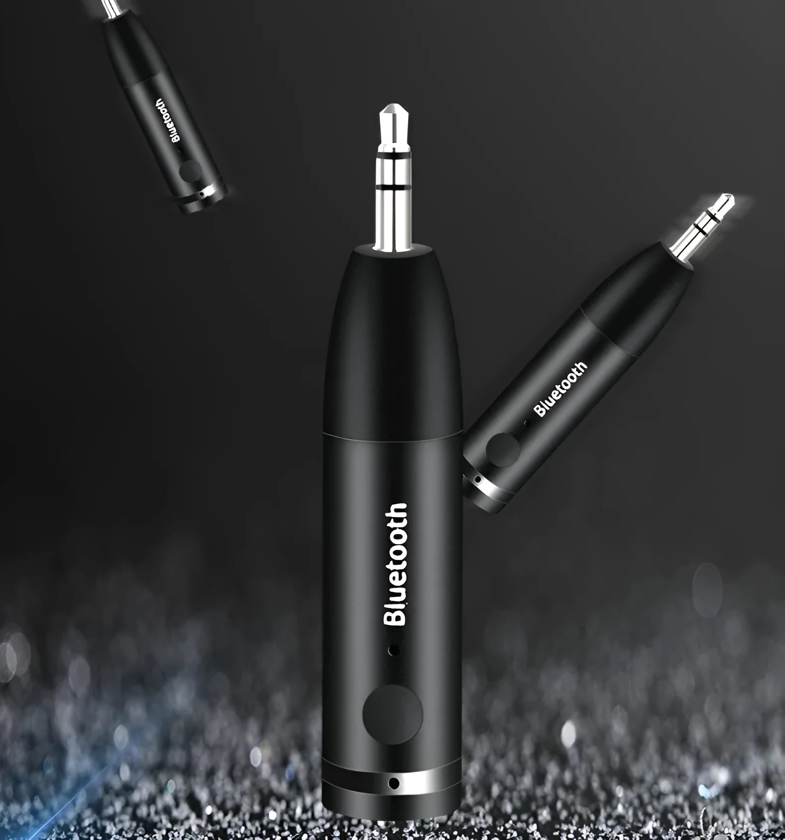 Black Bluetooth audio receiver for car stereo AUX input with USB cable