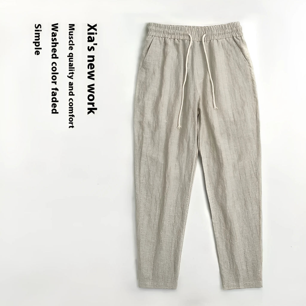 Men's striped cotton linen cropped trousers in four colour options on size chart